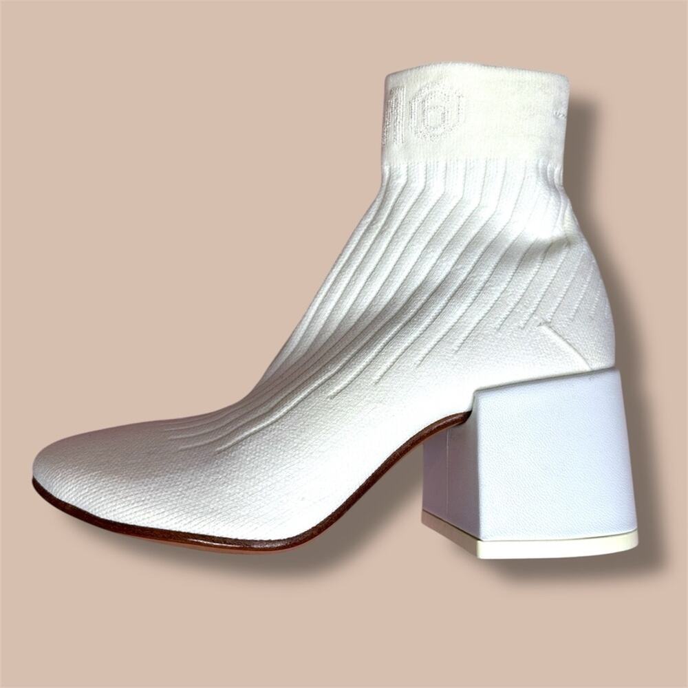 Maison Margiela MM6 White Ribbed Sock ankle Booties Block Heel Eu 36/US6